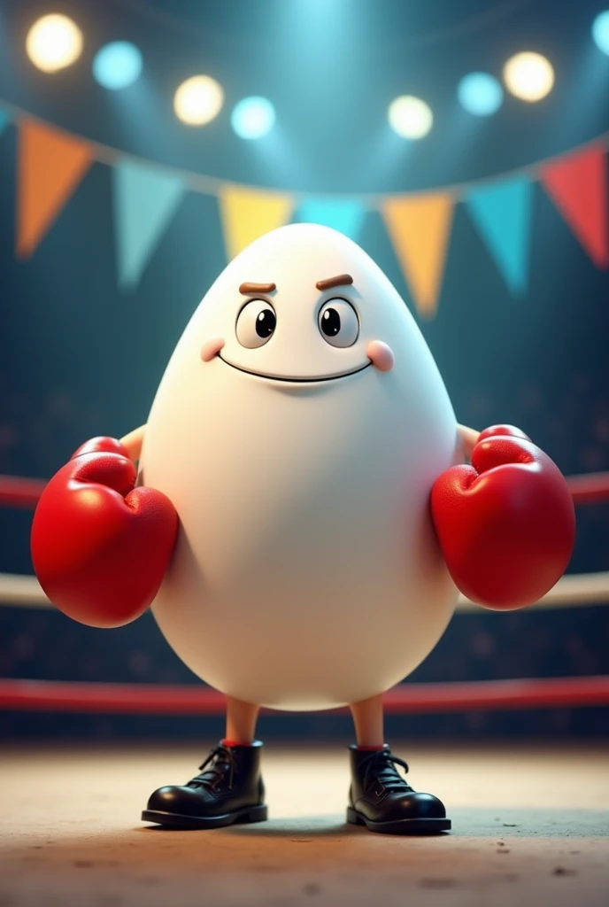 White egg cartoon with boxing gloves and boxing shoes 
