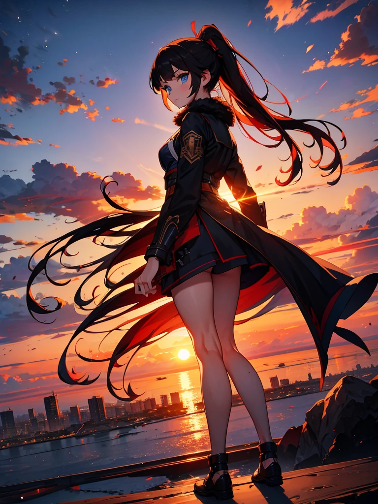 Cityscape, building, Skyline, sunset, Silhouette against a cloud background, meditation. Watching the beautiful sunset, sunset時に, sunset時, sunsetとともに, In the sunset, Nice views, Sunset view, With the sunset, sunset時に, During Golden Hour, looking sunset時に, Sunset in the background, Watching the sunset, Attention,, Very detailed, blue eyes, Redhead, Angry expression,Wearing a black fur jacket, Medium Hair,ponytail, Anime Style, whole body, alone, Stylish Gladiator Girl, I have a rapier