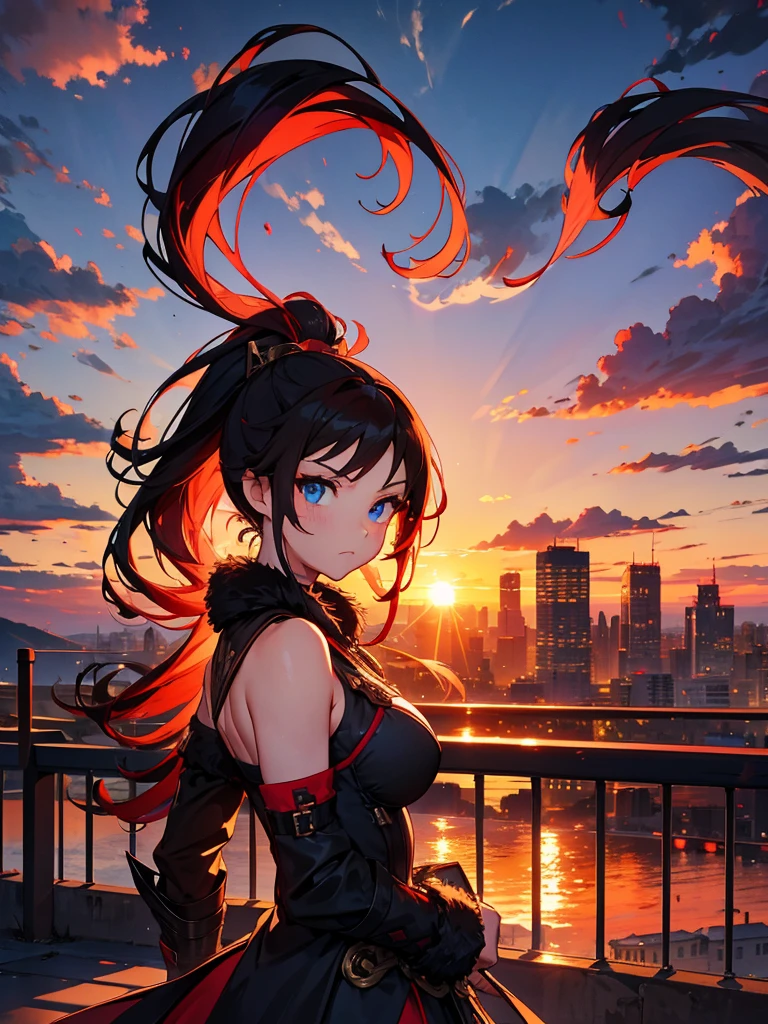 Cityscape, building, Skyline, sunset, Silhouette against a cloud background, meditation. Watching the beautiful sunset, sunset時に, sunset時, sunsetとともに, In the sunset, Nice views, Sunset view, With the sunset, sunset時に, During Golden Hour, looking sunset時に, Sunset in the background, Watching the sunset, Attention,, Very detailed, blue eyes, Redhead, Angry expression,Wearing a black fur jacket, Medium Hair,ponytail, Anime Style, whole body, alone, Stylish Gladiator Girl, I have a rapier