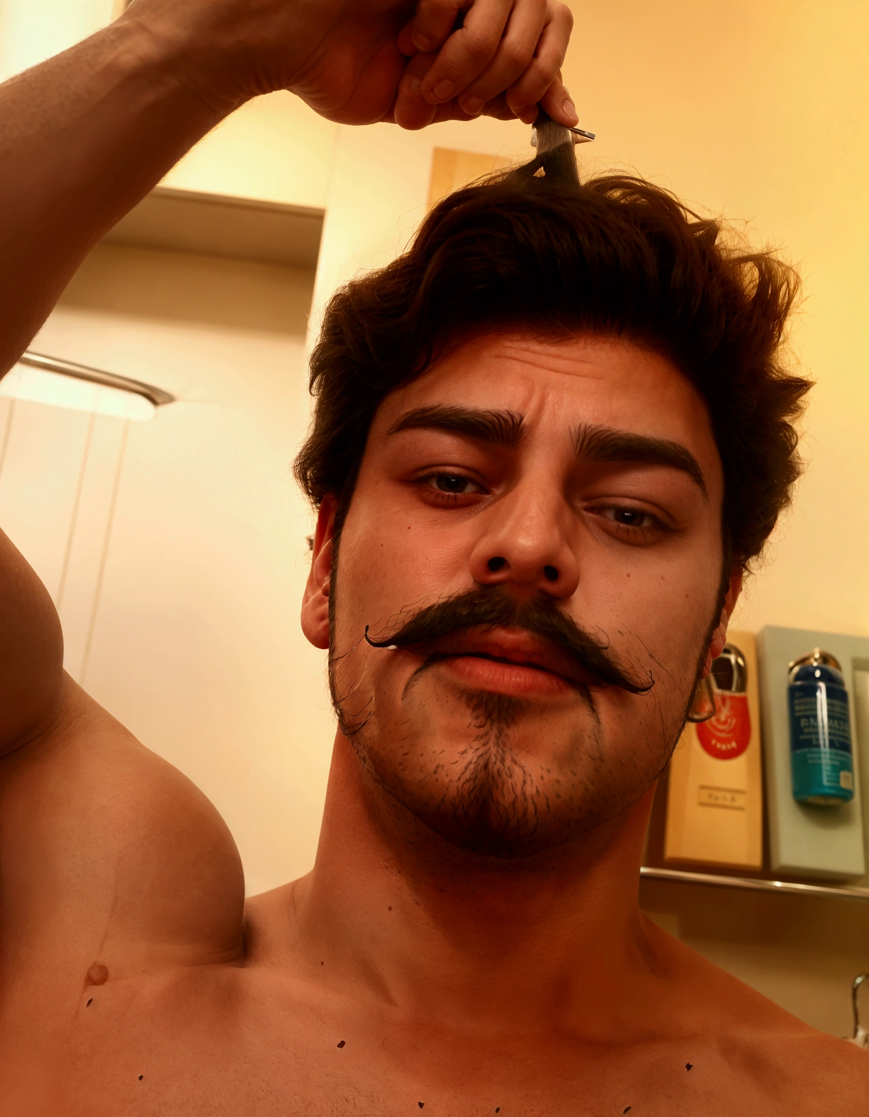 Un homme  named sultan barbu se brosse les cheveux dans la salle de bain avec une brosse à dents., uni-sourcil, ses cheveux sont en désordre et sauvages, des boucles sur le dessus de sa tête, sans moustache, avec une moustache taillée, fine moustache, visage large et rasé de près, il a une grosse moustache française, cheveux courts sur la tête, ses cheveux sont en désordre et négligés, moustache naturelle