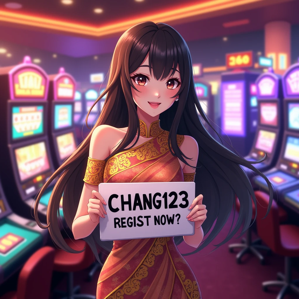 Sexy thailand girl with wavy long hair, wearing thailand traditional dress, holding a white board with text "CHANG123 REGIST NOW" and showing it to the viewer,anime, casino background,standing behind poker table between slotmachines