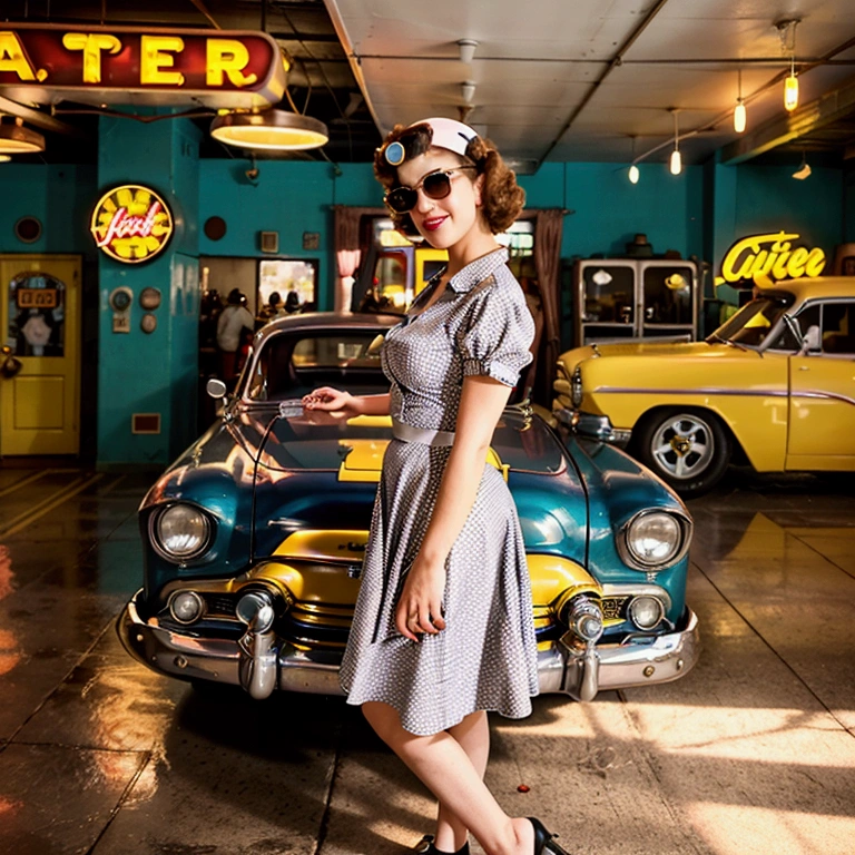 Prompt: Create a photorealistic image of Anna, 25 years old, posing next to a classic car in a retro-themed diner setting. She is wearing a polka dot dress with a flared skirt and cat-eye sunglasses. Her hair is styled in vintage curls, and she has a playful smile as she leans against the car with one hand on her hip. The scene is vibrant with neon signs, checkered floors, and a 1950s vibe, capturing the nostalgia of the era.