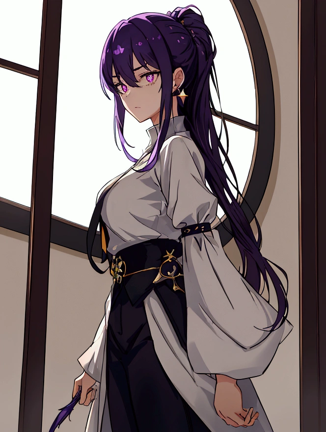 High neck shirt, loose full sleeves jacket, amethyst crystal locket, long pants,long boots, dark blue hair, bangs, crossed bangs, hair between eyes, long hair, ponytail, very long hair, wavy hair, high ponytail, star-shaped pupils, eye reflection, glowing eyes, sparkling eyes, glaring, purple eyes, longeyelashes, earrings, serious, from side, from outside, atmospheric perspective, first-person view, pov, anime, anime, high detail, high detail, first-person view, pov, multiple views, cowboy shot, fisheye, from side, atmospheric perspective, sparkle, glowing light, reflection light, cinematic lighting, bloom, cinematic lighting, masterpiece, accurate, anatomically correct, super detail, high quality, award winning, best quality