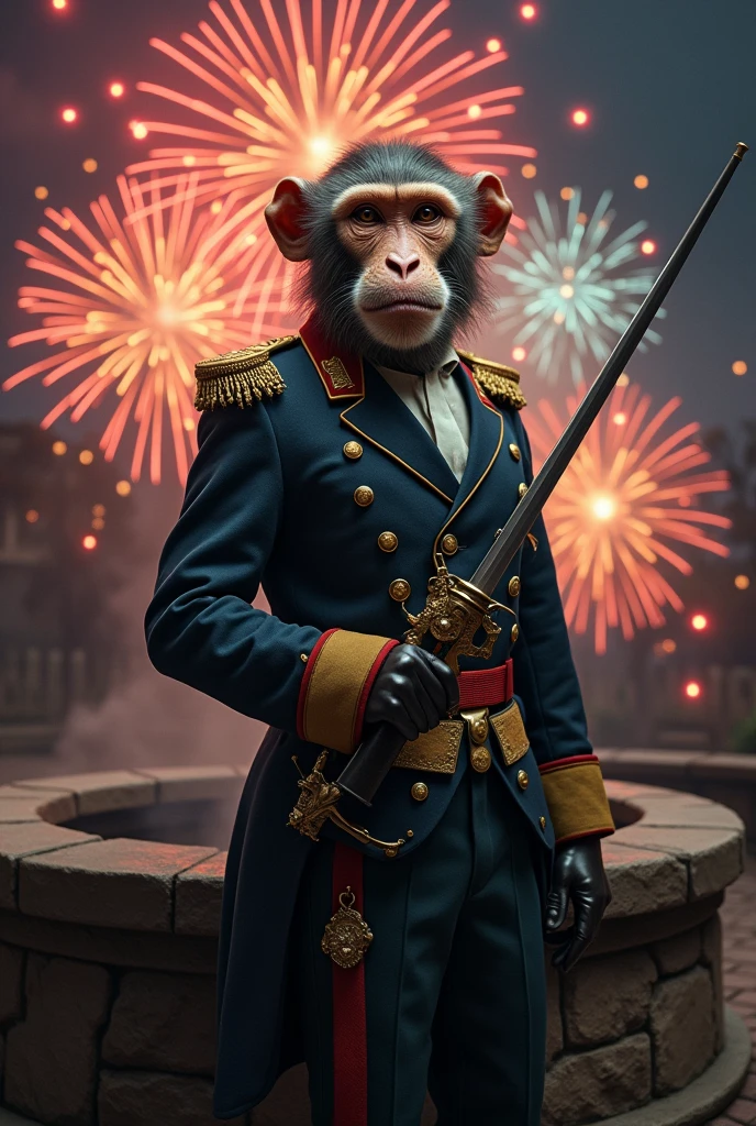 A realistic macaque in the uniform of a student at the Saint-Cyr Special Military School. He carries a saber in his right hand and an antique revolver in his left hand.. The well behind him is lit by fireworks..