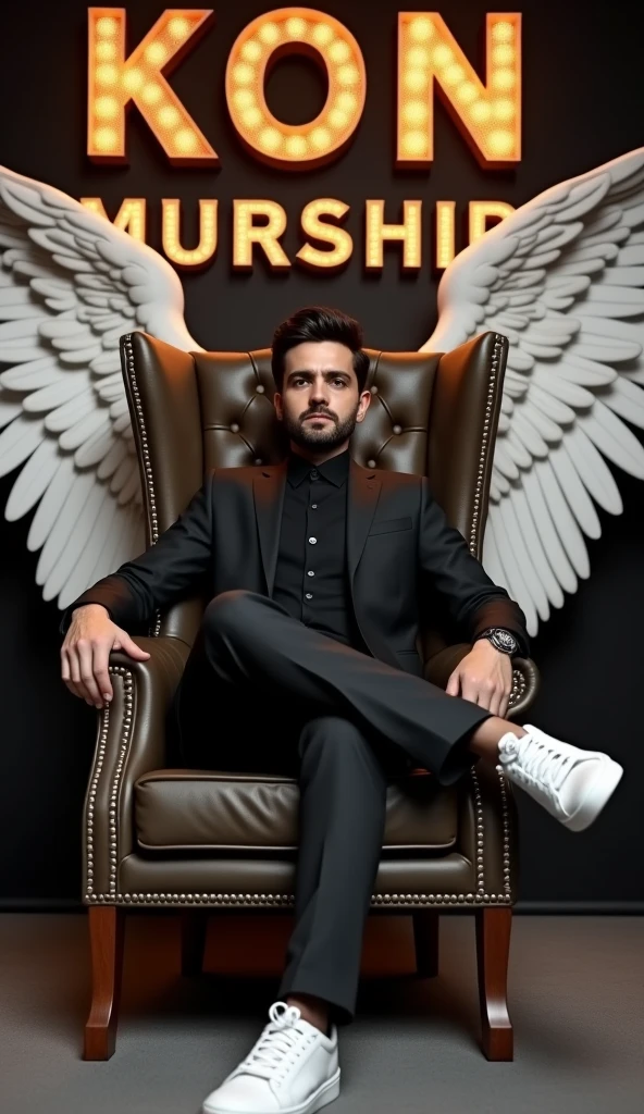 Create a realistic image for a profile picture where a 38 year old “Man”,With a Black suit, casually on a wings back chair, wearing sneakers a white,, the background features “Kon Murshid ? in big and capital letters 3d mockup font font on the back wall, there should not be his shadow and there are wings to make it appear as if he is angel. full ultra high detail realisitic qulaity