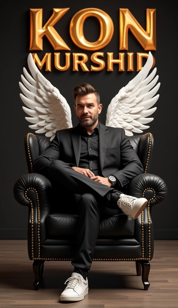 Create a realistic image for a profile picture where a 38 year old “Man”,With a Black suit, casually on a wings back chair, wearing sneakers a white,, the background features “Kon Murshid ? in big and capital letters 3d mockup font font on the back wall, there should not be his shadow and there are wings to make it appear as if he is angel. full ultra high detail realisitic qulaity