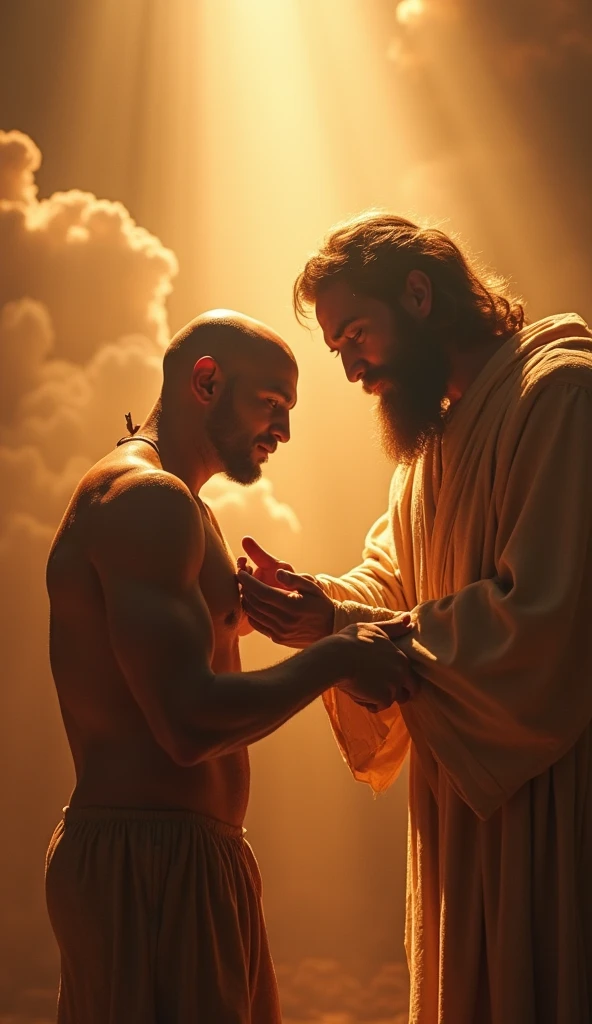 "A dramatic and inspiring scene of the creation of man from clay. GOD, with a majestic and enlightened presence, is molding a man of clay with his divine hands. The atmosphere is heavenly, with soft, divine light highlighting the scene. The clay man is partially formed, with details of their human characteristics beginning to emerge. The background may include ethereal clouds and a sense of spiritual depth.. The image must convey the importance and sacredness of the moment of creation, destacando a atenção e o cuidado de GOD ao criar a figura humana."