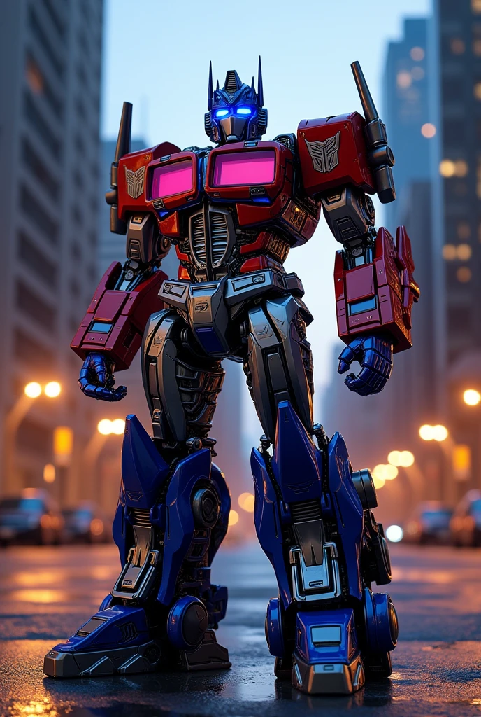 Very much realistic optimus prime with shiny glowy eyes and glowy metallic colours. Keep it very realistic.he is standing with attitude and slightly tilted and the colours of optimus prime is more bold and shiny and more more realistic glowy eyes