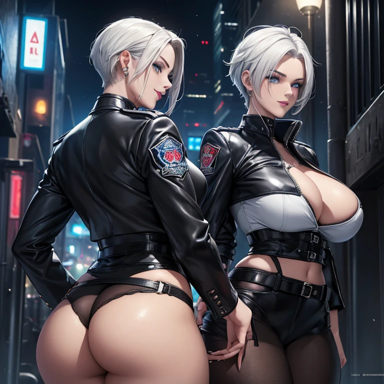 (Cool policewoman.Well-proportioned face.Beautiful white skin.A very muscular, thin body.Sharp eyes.White Hair.Boyish short hair with a center part.I can see your forehead.Beautiful blue eyes.Deep red, intense eye makeup.Dark lipstick.Narrow waist.Skin is radiant).(Black leather jacket.Black long boots with lots of belts.There are lots of piercings.stockings).(1 Beauty.Late night back alley.Futuristic City.With his back to me.Her butt is facing me.Smiling thinly.The eyes are narrowed)Perfect Face.Accurate human body.Accurate five fingers.High resolution.It's dynamic.Whole body image
