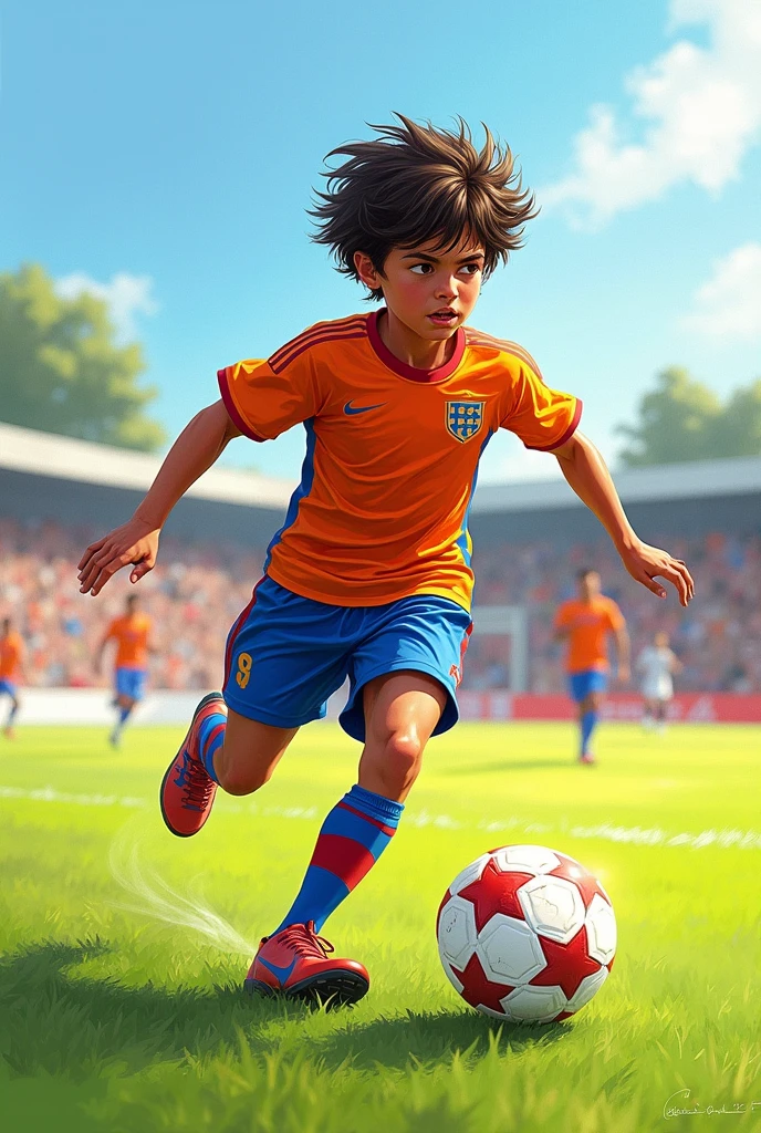 A 16 years men playing football with hair and name Nadim in jersey in sketch sade