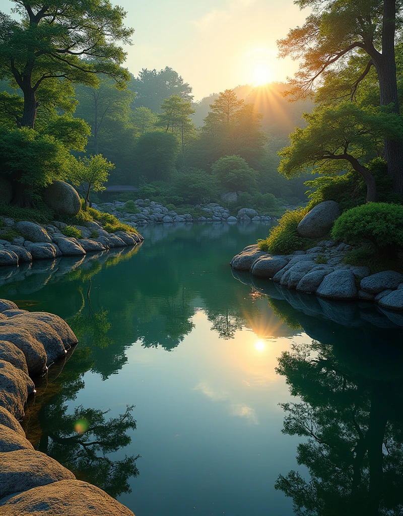 (masterpiece:1.2,Highest quality,Ultra-high resolution,Very detailed,Realistic,Ultra-high resolutionのカメラ),8k,wallpaper,(Shooting the pond from above),(Depicting the bottom of a pond with the reflections removed from the water surface:2.0),sunsetJapanese garden,Serene landscape,Healing