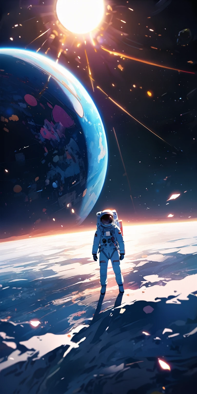 sun\(beautiful ,dazzling\) rise ,The world inside the capsule machine,astronaut,Floating softly
