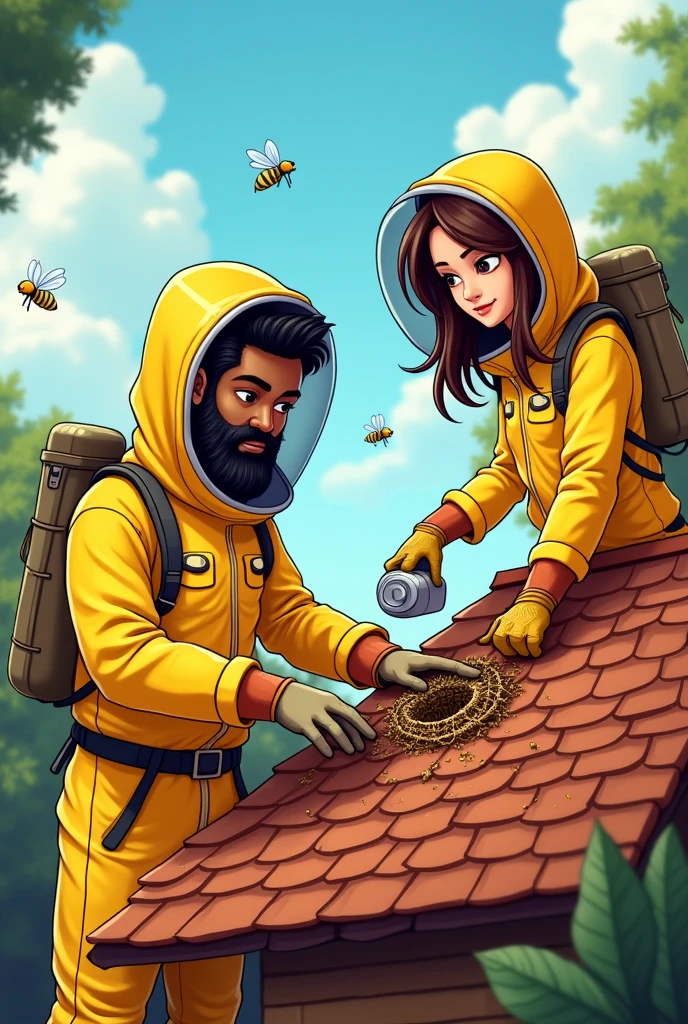 Generate an image of two beekeepers, one man and one woman, in yellow beekeeping clothing, the man must be young and have a black beard, eyes black e tom de pele bronzeada, light Arabic strokes, black short hair, eyes black, small-nose, the woman must have brown hair and European features, com olhos castanhos, removing bees from a house, using safety equipment and placing the bees in a box, the image must have a cartoon style, with a written sentence " Problems with bees ? I called (17)99181-6498, we serve the extreme region, Camanducaia, Cambui and Braganca Paulista" everything must be written in Portuguese. They must be handling a fumigator and accessing a nest that is on the roof of the house..