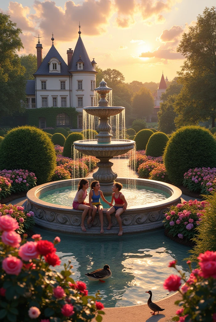 A castle garden with blooming flowers, well-kept shrubs and a marble fountain in the center. The sky is tinted with warm tones, as if it were dusk. And two young people and a duck at the fountain