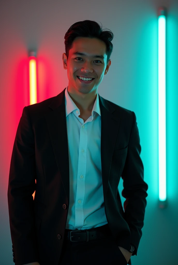 A young man with dark hair and a confident smile. He is dressed in a black blazer over a white shirt. The man is positioned against aaqua colour backdrop whith a subtle red lighting on the left side. And he posing for linkdln profile