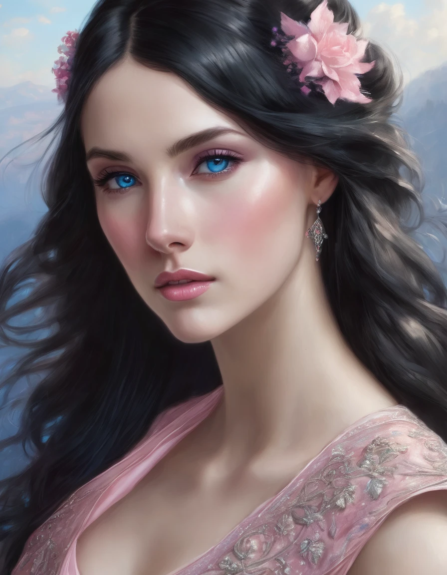 Beautiful woman with long black hair, side-swept bangs, sparkling blue eyes, light pink lips, fair skin. Beautiful renaissance pink dress.