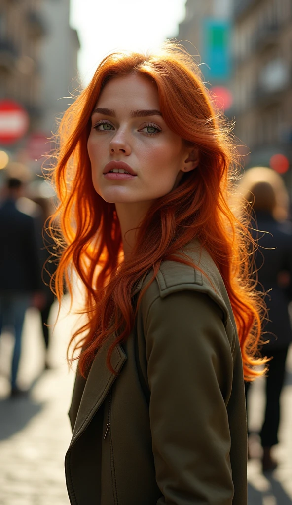 full body photo, A full body shot from a distance of a stunning naked redhead woman on the street, wears no clothes, green eyes, Pretty, looking far away, 8k uh, dslr, Soft lighting, good quality, film grain, Fujifilm XT3