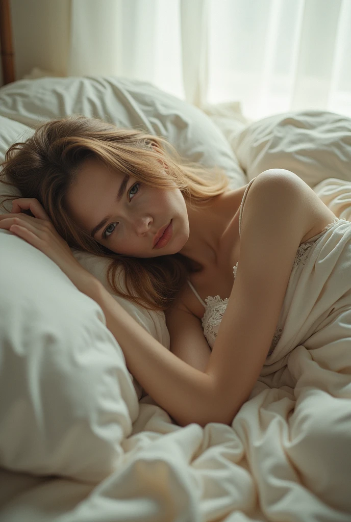 Le même visage que la précédente image, Une photo de haute qualité d'une belle fille mince de 18 ans, dans sont lit dénudé