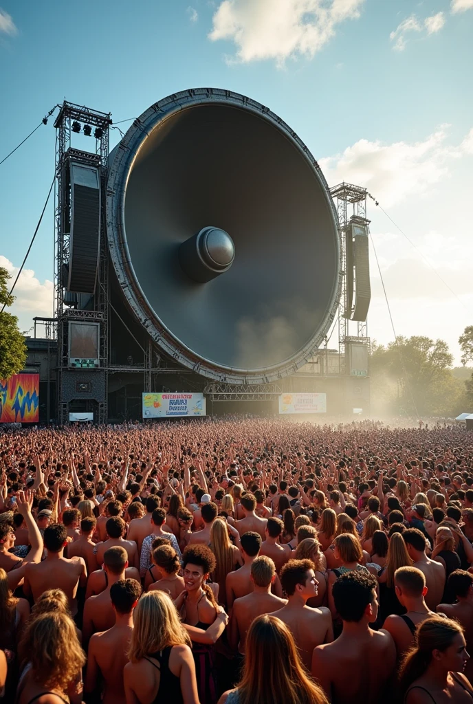 round speaker and subwoofer system rigged above for 100,000 thousand capacity and more live music performance concert in broad day light