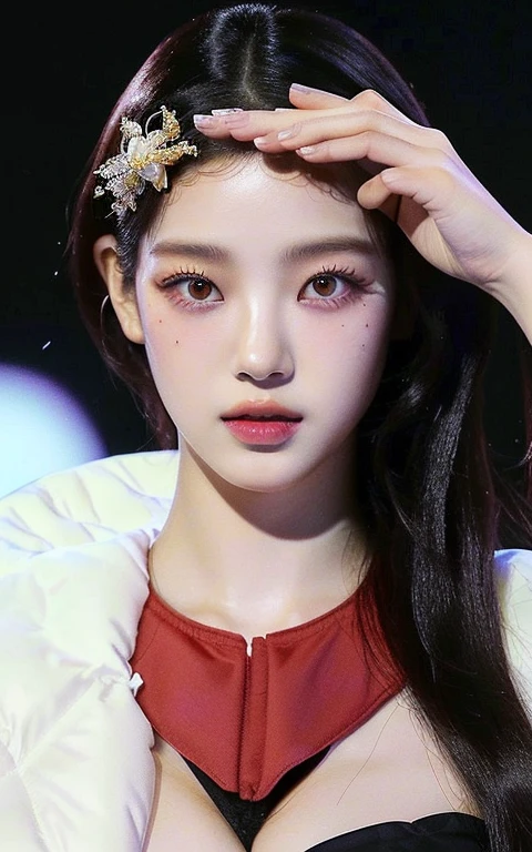 un primer plano de una mujer con una rosa roja en el pelo, ((purple eyes)), jossi de blackpink, ruan jia beautiful!, jennie rosa negro, parque roseanne de blackpink, ayami koj ima, kiko mizuhara, sakimichan, hana alisa omer, portrait of jossi de blackpink, kim jung giu, sakimichan frank franzzete, jisoo from blackpink, popular south korean makeup, quality detailed ,(beautiful makeup :1.2), Wide hips, big, big ass, (best quality, 8K, masterpiece: 1.3), Clear focus: 1.2, Perfect body beauty: 1.4, strong abs, Very detailed face and skin texture. , detailed eyes, double eyelids, (long hair), having very marked curves, with greater volume in ((hips and breasts)), which makes the waist look much smaller ((wasp waist)).
