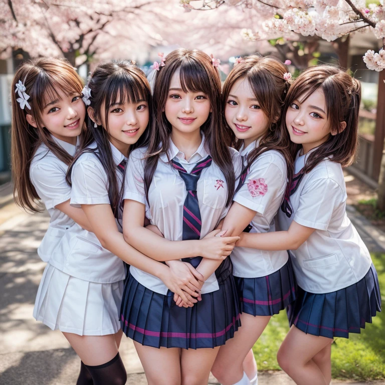 ((masterpiece)), ((best quality)), (ultra-detailed), ((kawaii)), cute, (lovely), ((sexy)), (ero), ((extremely detailed)), 4K, (8K), best quality, (beautiful), hyper realistic, real, dynamic angle, full body, (Cherry blossom petals, cherry blossoms in full bloom:1.3), (3girls, 3 cute girls:1.5), (school girl uniform:1.5), ((beautiful eyes)), short hair, buttocks, large breast, light smile, blush, (wind effect:1.5), (love, hug:1.5)