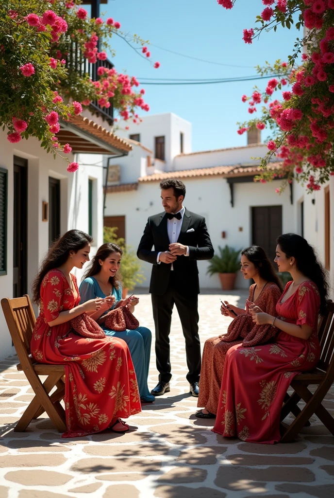 Images of Greek women knitting and talking to a person in a tuxedo