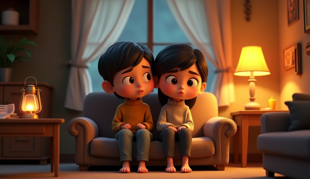 in 3d animation style:Ramu and Sītā sitting in their small, modest home, worried about their hardships and financial struggles.