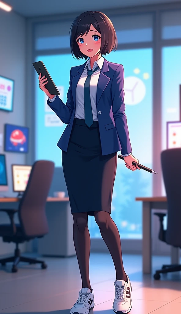 The young woman short black hair and blue eyes wear a blue suit, white shirt, dark blue necktie, black pencil skirt, black underpants, long black tights, black socks, white New Balance 530 sneakers.

She wears the white glasses, Her left hand holds a tablet, Her right hand holds a black pen of tablet, Her eyes are dazzled and smiled, cartoon anime, 4K, HD