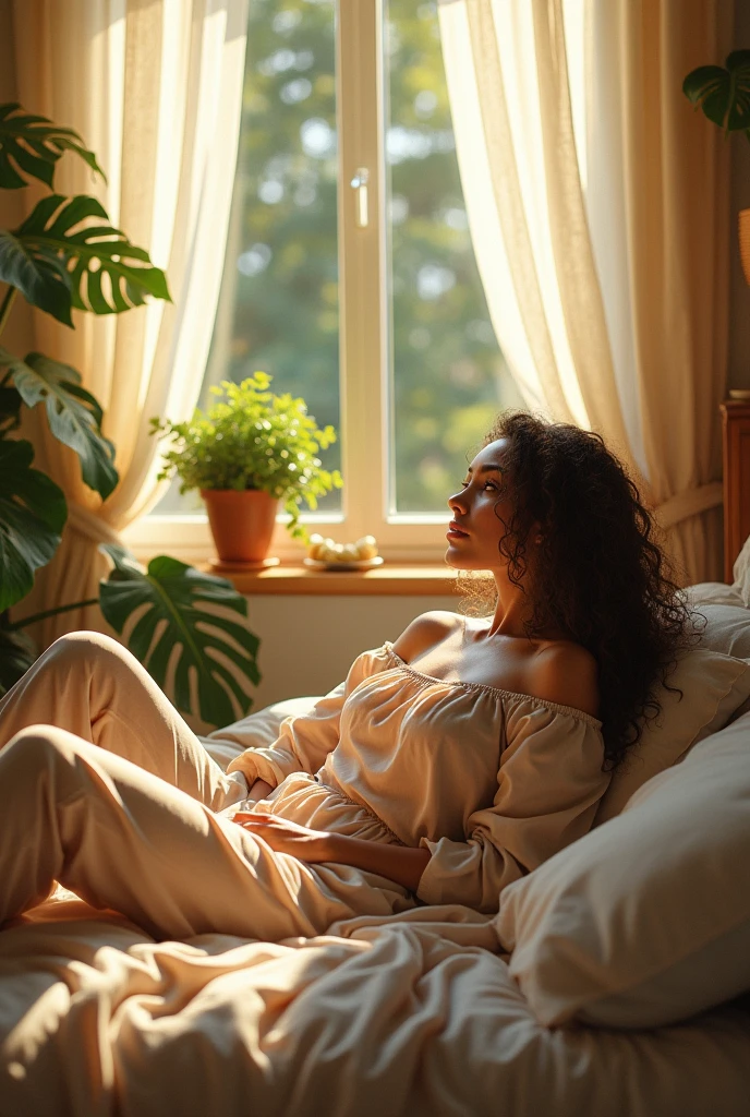 (photorealism:1.2), beautiful woman, sitting on bed, wearing loose off-shoulder top, pajama pants, long curly hair, indoors, soft lighting, plants in background, window with sunlight, cozy room, relaxed pose, realistic, intricate details, warm colors, by Greg Rutkowski, by Alphonse Mucha