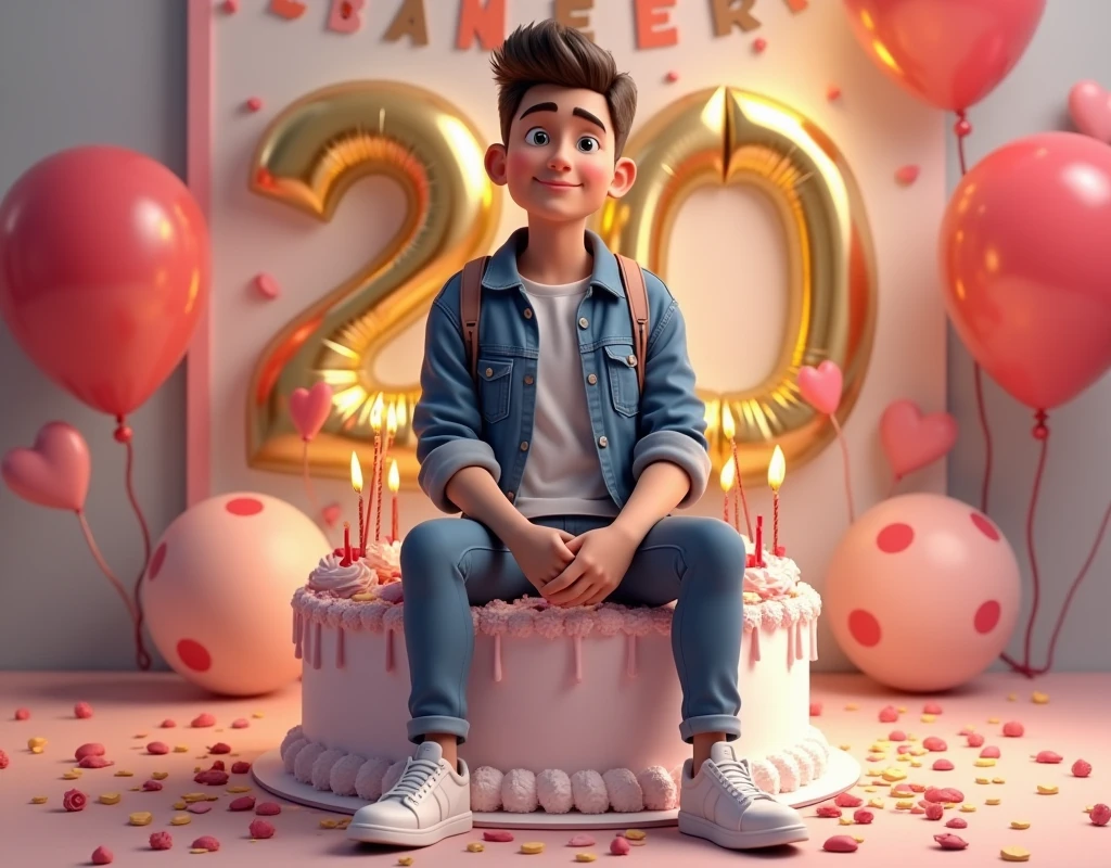 3D illustration of a man sitting casually on front of a cake. The character must wear casual moder clothing such as jeans jackets and sneakers shoes. The background of the image is a party theme. Write 'AMEER' on the birthday cake. Make sure the text is not misspelled. His age is 20