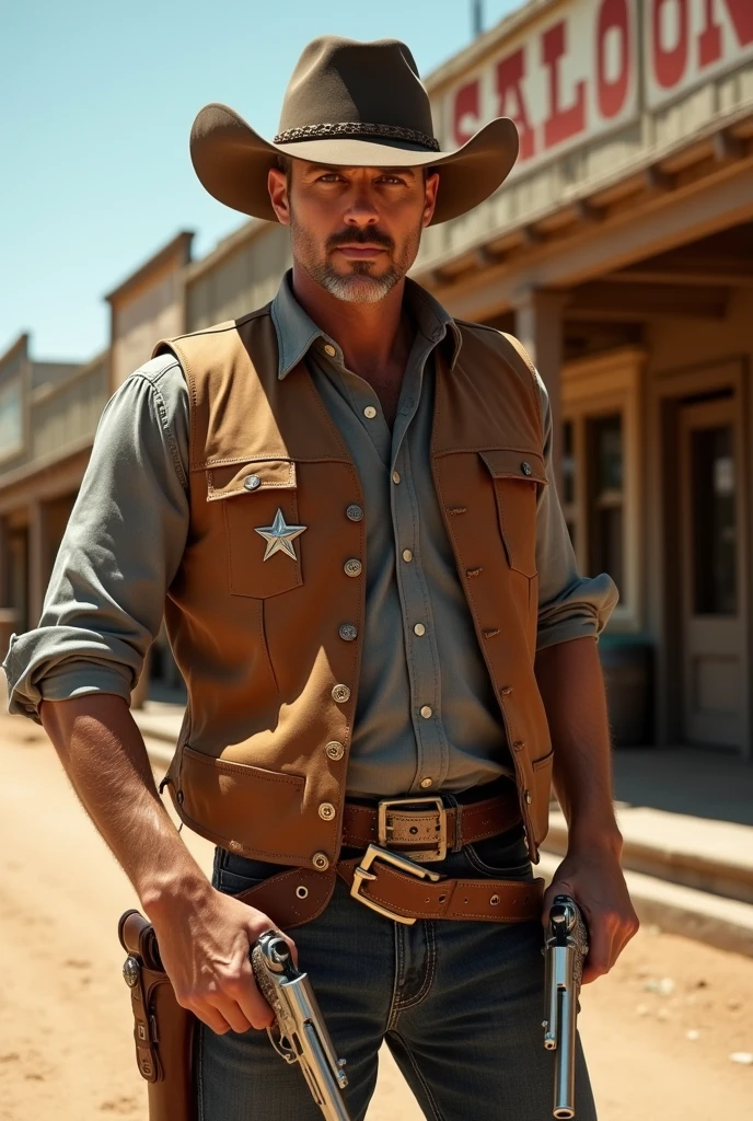 30 year old man wearing a cowboy costume and the hat, he drwa his guns from the holster on his hip, he's in a cowboy town and in fornt of a saloon two wood door, he wear a leather vest with a sherift star