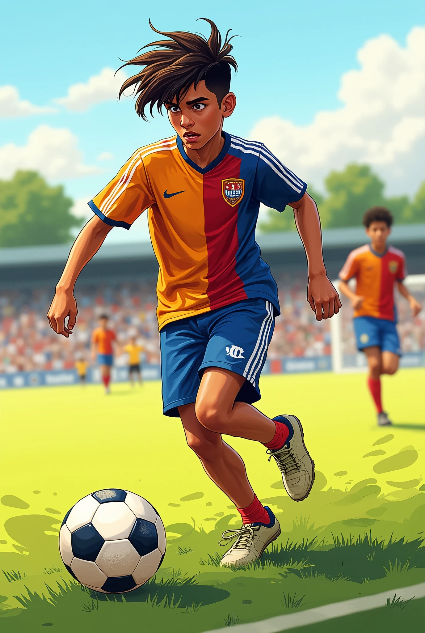 A 16 years men playing football with hair and name Nadim in jersey in sketch sade