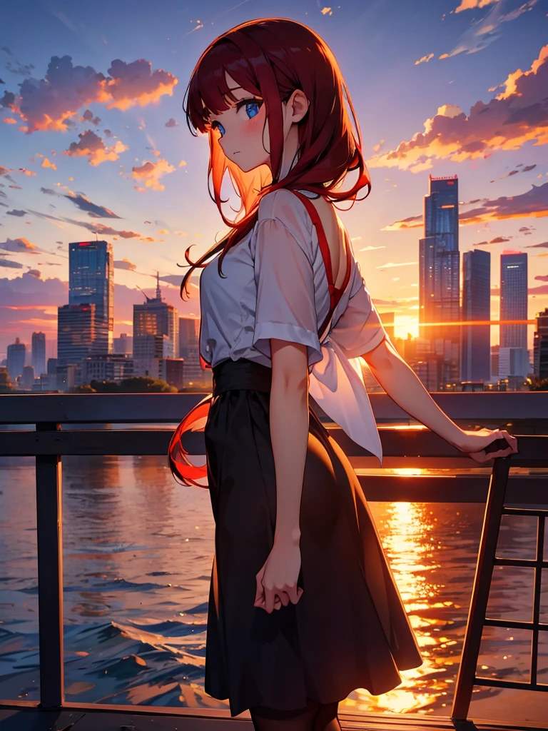 Cityscape, building, Skyline, sunset, Silhouette against a cloud background, meditation. Watching the beautiful sunset, sunset時に, sunset時, sunsetとともに, In the sunset, Nice views, Sunset view, With the sunset, sunset時に, During Golden Hour, looking sunset時に, Sunset in the background, Watching the sunset, Attention,, Very detailed, blue eyes, Redhead,