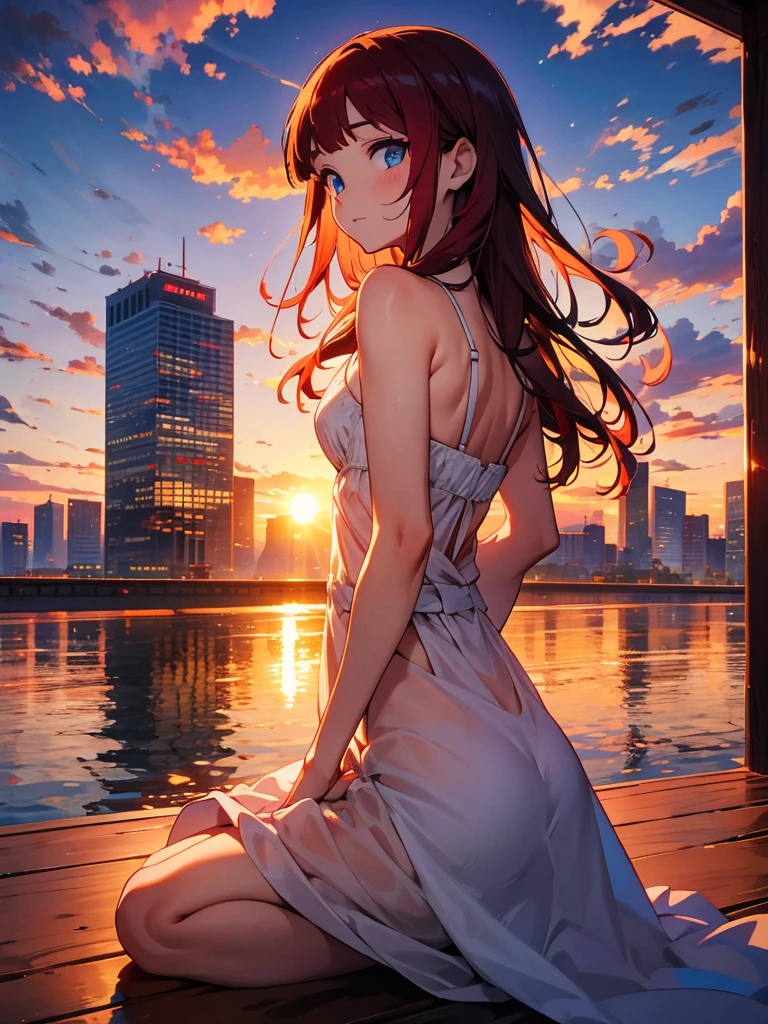 Cityscape, building, Skyline, sunset, Silhouette against a cloud background, meditation. Watching the beautiful sunset, sunset時に, sunset時, sunsetとともに, In the sunset, Nice views, Sunset view, With the sunset, sunset時に, During Golden Hour, looking sunset時に, Sunset in the background, Watching the sunset, Attention,, Very detailed, blue eyes, Redhead,