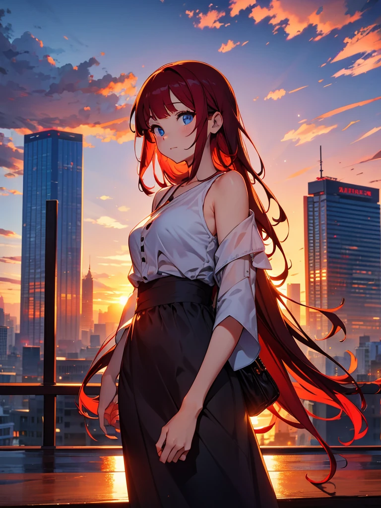 Cityscape, building, Skyline, sunset, Silhouette against a cloud background, meditation. Watching the beautiful sunset, sunset時に, sunset時, sunsetとともに, In the sunset, Nice views, Sunset view, With the sunset, sunset時に, During Golden Hour, looking sunset時に, Sunset in the background, Watching the sunset, Attention,, Very detailed, blue eyes, Redhead,