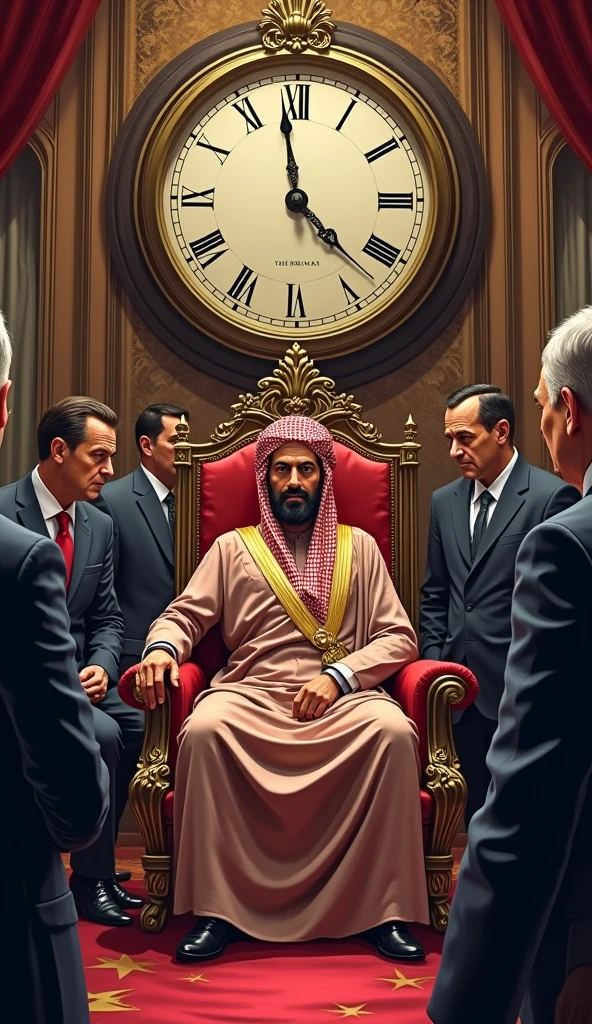 A dramatic illustration of Sultan Khalid bin Barghash sitting on the throne with a tense expression, while British officials look on disapprovingly. The background can feature the ornate interiors of a palace with a large, menacing clock in the corner, emphasizing the time pressure.