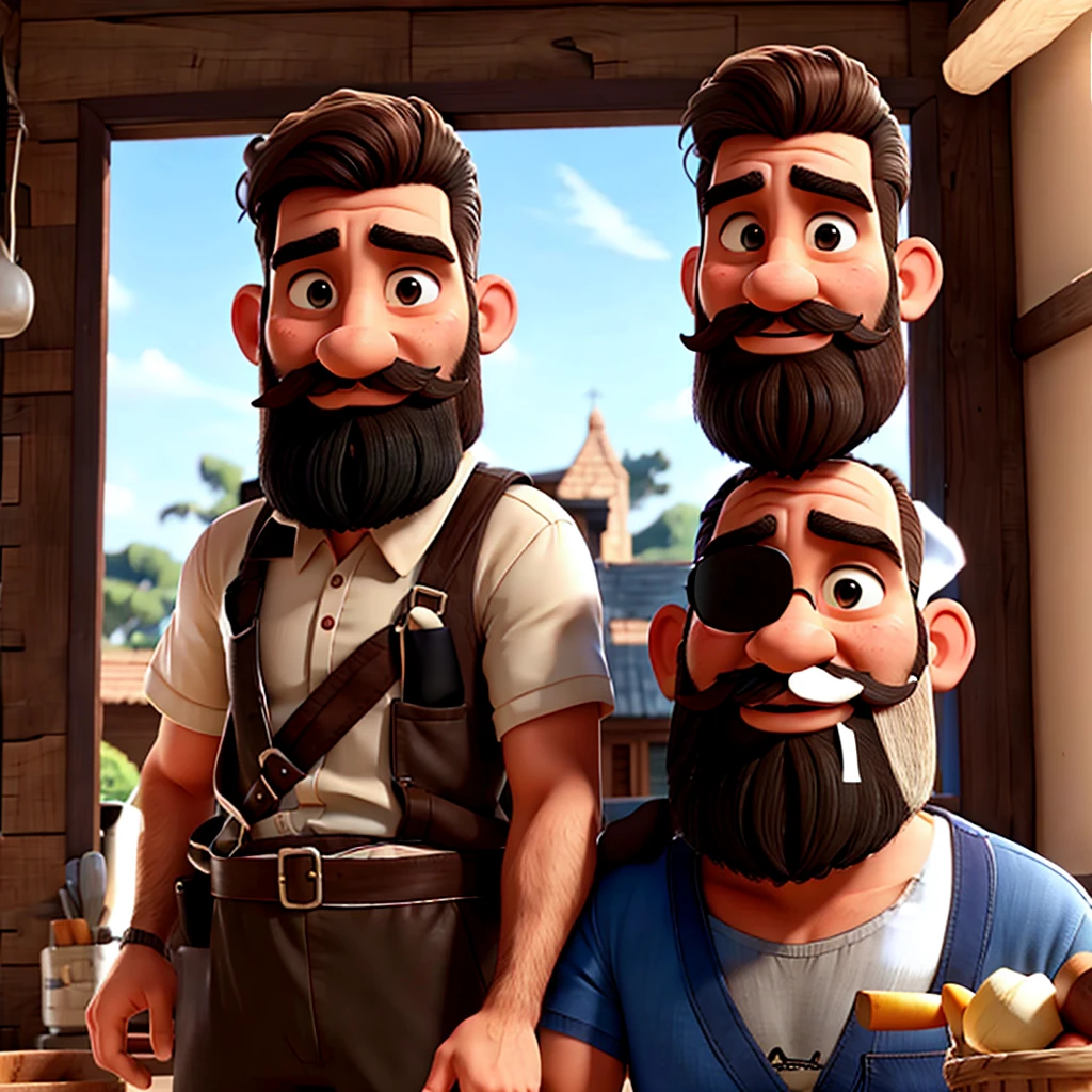 TWO ARGENTINE CAUCASIAN MEN WITH BEARDS AND MOUSTACHES, ONE TALLER THAN THE OTHER, WORKING AS PLASTERERS