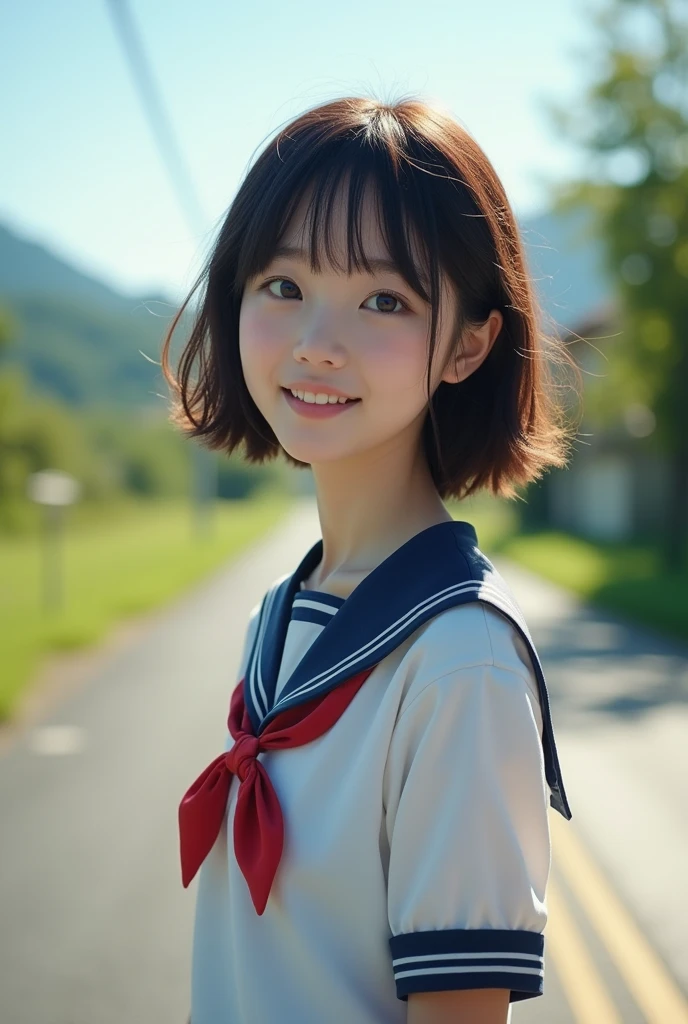Sex、((Cute 18 year old Japan))、on the road、Highly detailed face、Pay attention to the details、double eyelid、Beautiful thin nose、Sharp focus:1.2、Beautiful woman:1.4、(Gal Hairstyles)、Pure white skin、Highest quality、masterpiece、Ultra-high resolution、(Realistic:1.4)、Highly detailed and professional lighting、nice smile、Japanese school girl uniform、whole body