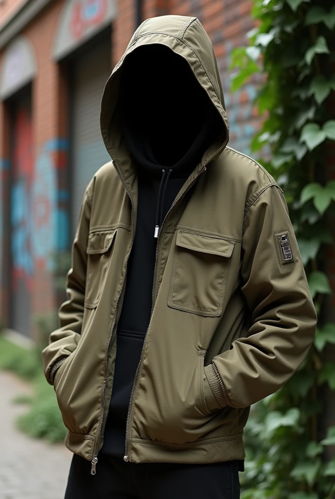 Khaki-colored jacket with a black hood but without the shoulder