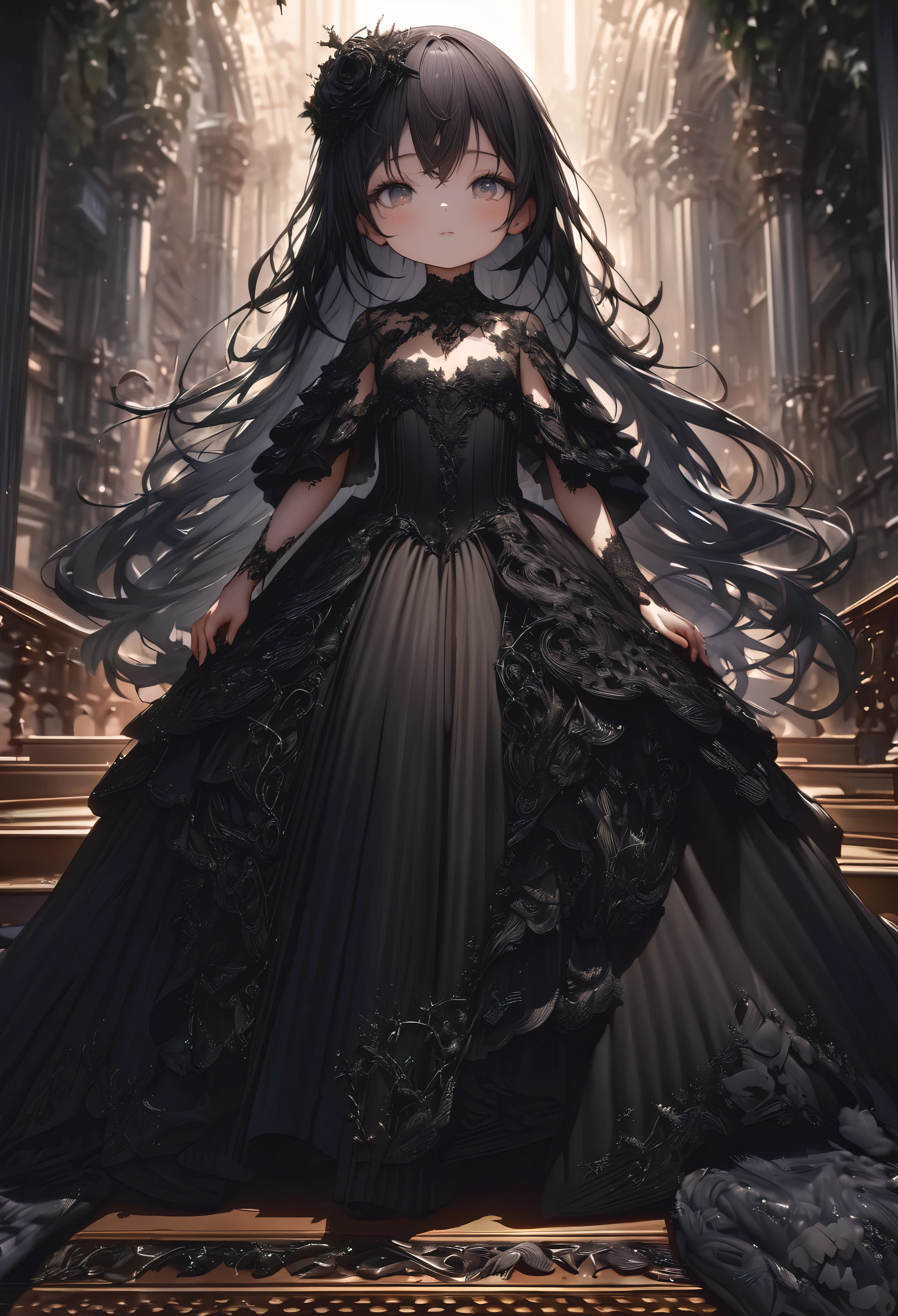 (full body), (solo), (A :1.2), (), , (Solo), (small breast), (wide angle), raw photo, Aesthetic, Convoluted, Awarded, chiaroscuro, Best Quality, Detailed background, (Misty atmosphere:1.2), (hard rainy day:1.1),((Girl in very long balck dress:1.2)), detailxl, In the soft embrace of the dappled sunlight, a emerges, a vision of ethereal charm, enveloped in a dress that transcends the ordinary. The garment is a symphony of darkness, a long, flowing black dress that cascades over her like a cascade of ink, rich and deep.
The fabric of the dress is a luxurious blend of silk and velvet, woven with a pattern so fine it seems to shimmer and shift with every subtle movement, like the scales of a black dragon in the moonlight. The texture is a testament to the artisan's skill, soft to the touch yet possessing a weight that lends the dress a regal presence.
The neckline is a scoop of pure elegance, trimmed with a delicate ruffle that frames her neck like a collar of lace. This ruffle is not just a simple edge but a work of art, embroidered with the most intricate of designs—tiny roses and thorns that weave in and out of the fabric, a reminder of the beauty and strength that can be found in the most delicate of forms.
The bodice is fitted, accentuating the child's form with a corset-like structure, yet it is not restrictive. It is adorned with a series of small, black onyx buttons that run down the front, each one a tiny gemstone reflecting the light in a thousand tiny sparks. The buttons are not merely functional; they are a constellation of darkness, drawing the eye and adding a layer of depth to the dress.
The waistline is defined by a sash of the same fabric, cinched to accentuate the natural curves of the girl's figure. The sash is not plain but adorned with a subtle pattern of silver thread, a serpentine design that winds its way around her waist, adding a touch of the mystical to the otherwise somber