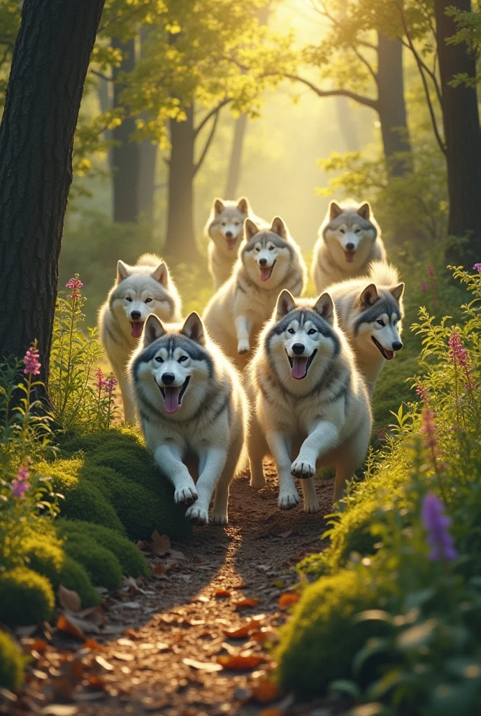 Image of multiple wolves rolling like balls down a forest path。