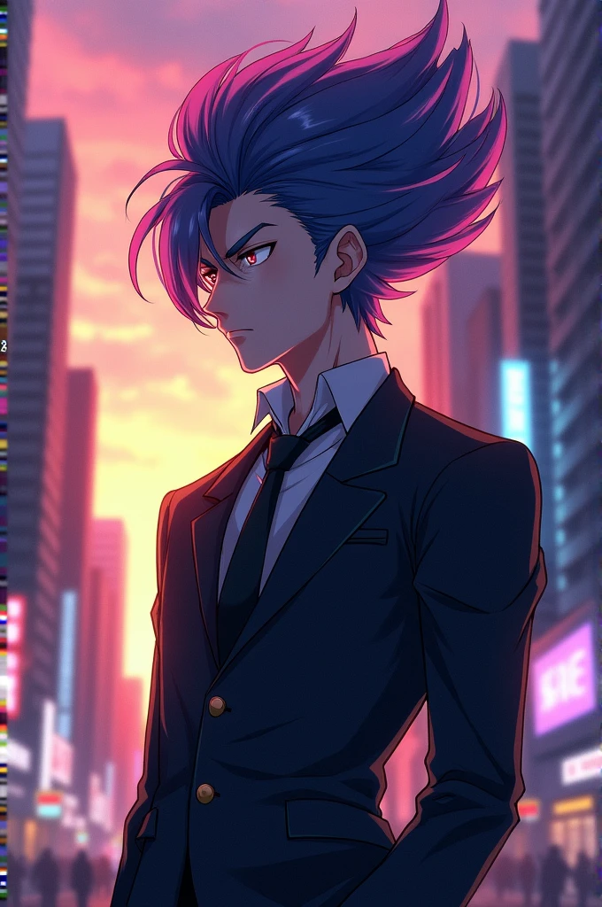 Picture of a tall anime guy with tall hair and smart face