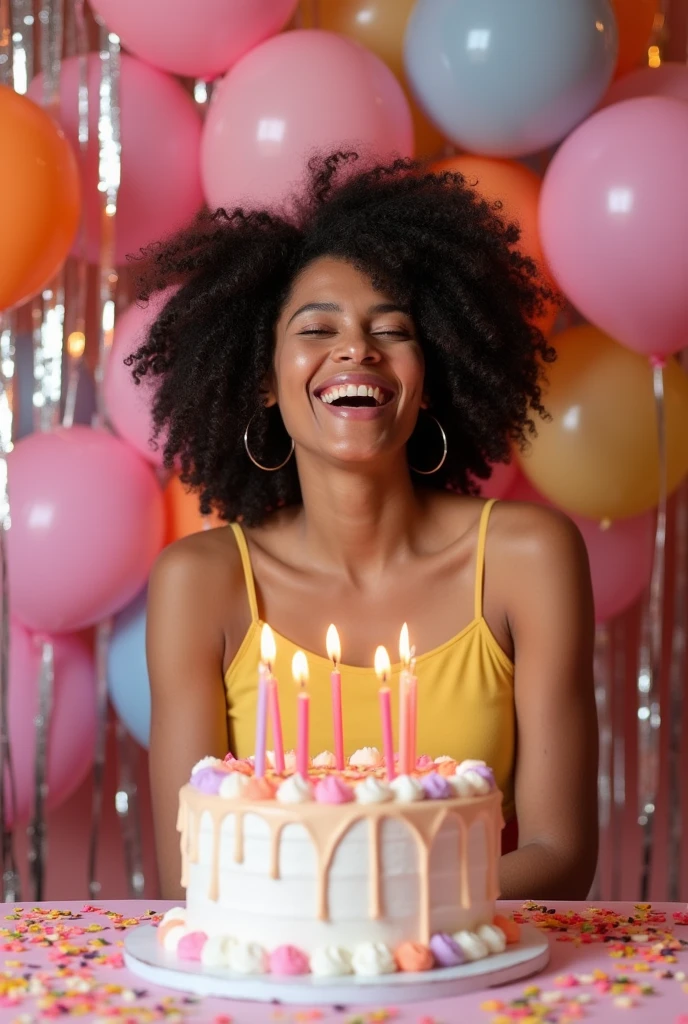 create a birthday photo shoot with a woman with big curly hair