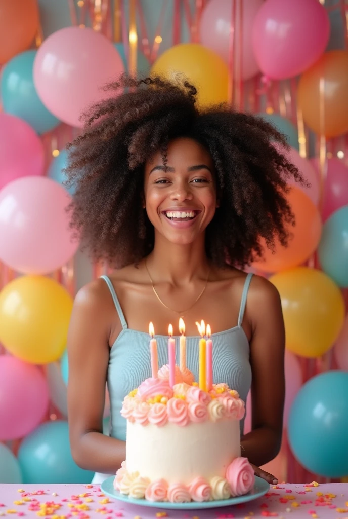 create a birthday photo shoot with a woman with big curly hair
