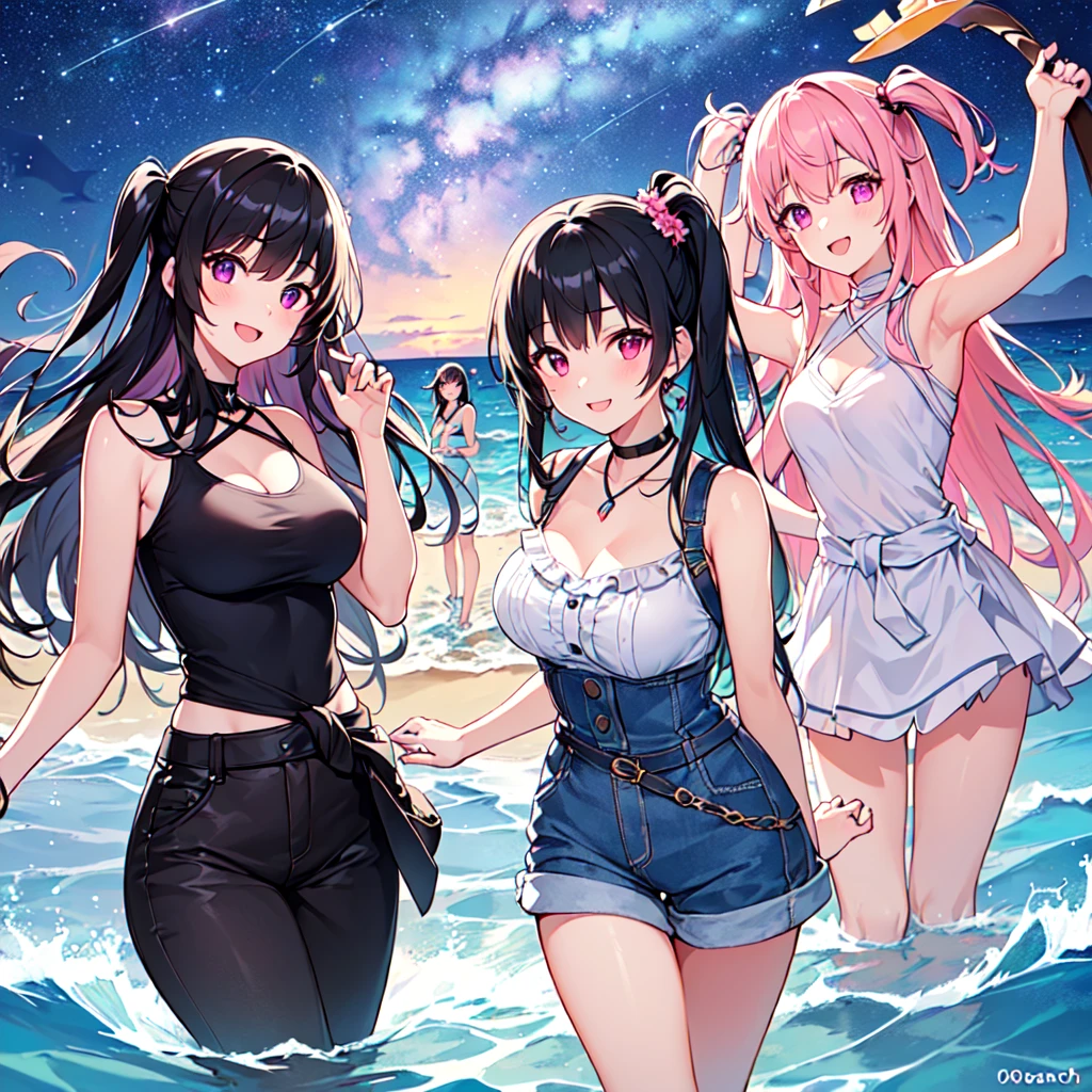 masterpiece, best quality, high quality, extremely detailed, very delicate and beautiful, (3female 18 years old three: 1.5), (long black hair up to waist with two side up: 1.5), bangs to eyebrows, eyes Eyes sharp, strong, glossy, glossy eyebrows, (eye color magenta:1.3), 6.5 head tall, (summer sleeveless casual fashion: 1.3), lace, frills, (smiling), (walking), (dynamic pose), (ocean beach: 1.3) ,(Milky Way Night Sky:1.3)