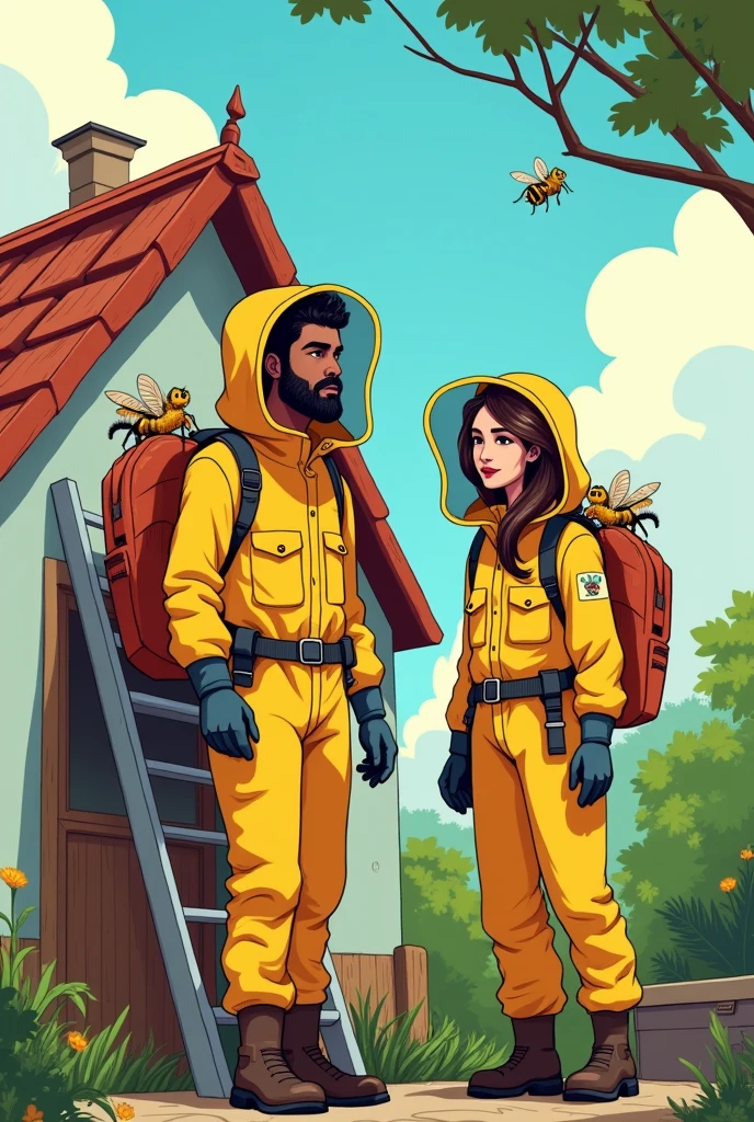 Generate an image of two beekeepers, one man and one woman, in yellow beekeeping clothing, the man must be young and have a black beard, eyes black e tom de pele parda
, light Brazilian features, black short hair, eyes black, small-nose, the woman must have brown hair and European features, com olhos castanhos, removing bees from a house, using safety equipment and placing the bees in a box, the image must have a cartoon style, with a written sentence " Problems with bees ? I called (17)99181-6498, we serve the extreme region, Camanducaia, Cambui and Braganca Paulista" everything must be written in Portuguese. They must be handling a fumigator and accessing a nest that is on the roof of the house..