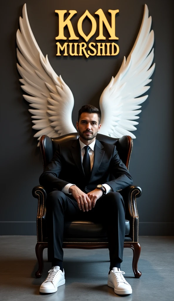 Create a realistic image for a profile picture where a 38 year old “Man”,With a Black suit, casually on a wings back chair, wearing sneakers a white,, the background features “Kon Murshid ? in big and capital letters gothic,calligraphy font on the back wall, there should not be his shadow and there are wings to make it appear as if he is angel. full ultra high detail realisitic qulaity
