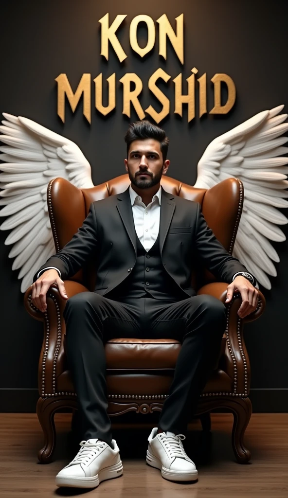 Create a realistic image for a profile picture where a 38 year old “Man”,With a Black suit, casually on a wings back chair, wearing sneakers a white,, the background features “Kon Murshid ? in big and capital letters gothic,calligraphy font on the back wall, there should not be his shadow and there are wings to make it appear as if he is angel. full ultra high detail realisitic qulaity