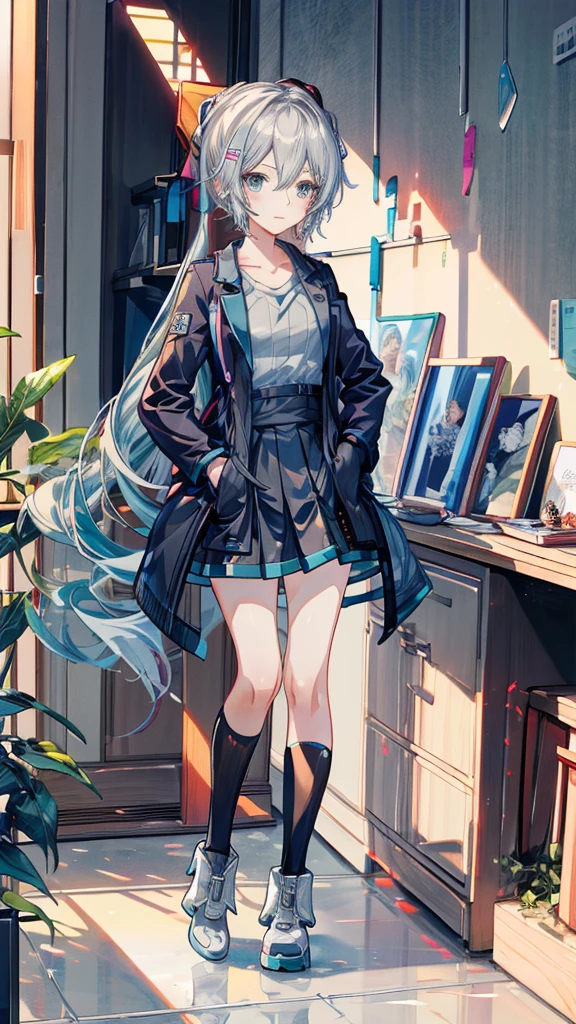 masterpiece,colorful,The best quality at its best,solo,One person,boots,Green Eyes,High resolution,View your viewers,Stand on your own two feet,White coat,(uniform:1.3),Put your hands in your pockets, 長い青い髪と白いシャツと黒いスカートを着たAnime, hatsune miku, Portrait of hatsune miku, hatsune miku short hair, Vocaloid, Hatsune Miku portrait, friend, Mikudayo, 青緑色の髪のAnime, hatsune miku cosplay, Hatsune Miku's Face, Animeスタイル4 K, Anime, 魅力的なAnime