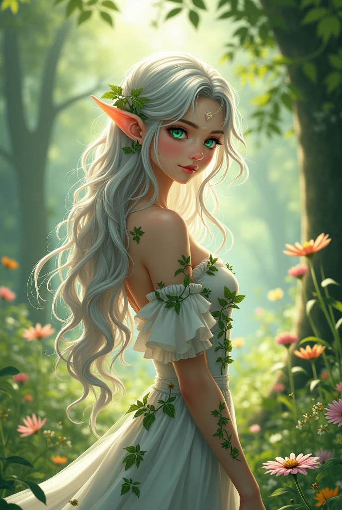Beautiful girl anime style Naked silver-haired elf
